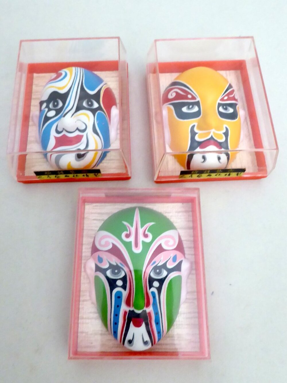 VINTAGE 3โ MINIATURE CHINESE OPERA MASKS FACIAL MAKE UP IN BOXES (LOT OF 3)